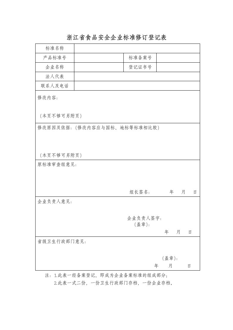 浙江省食品安全企业标准修订登记表