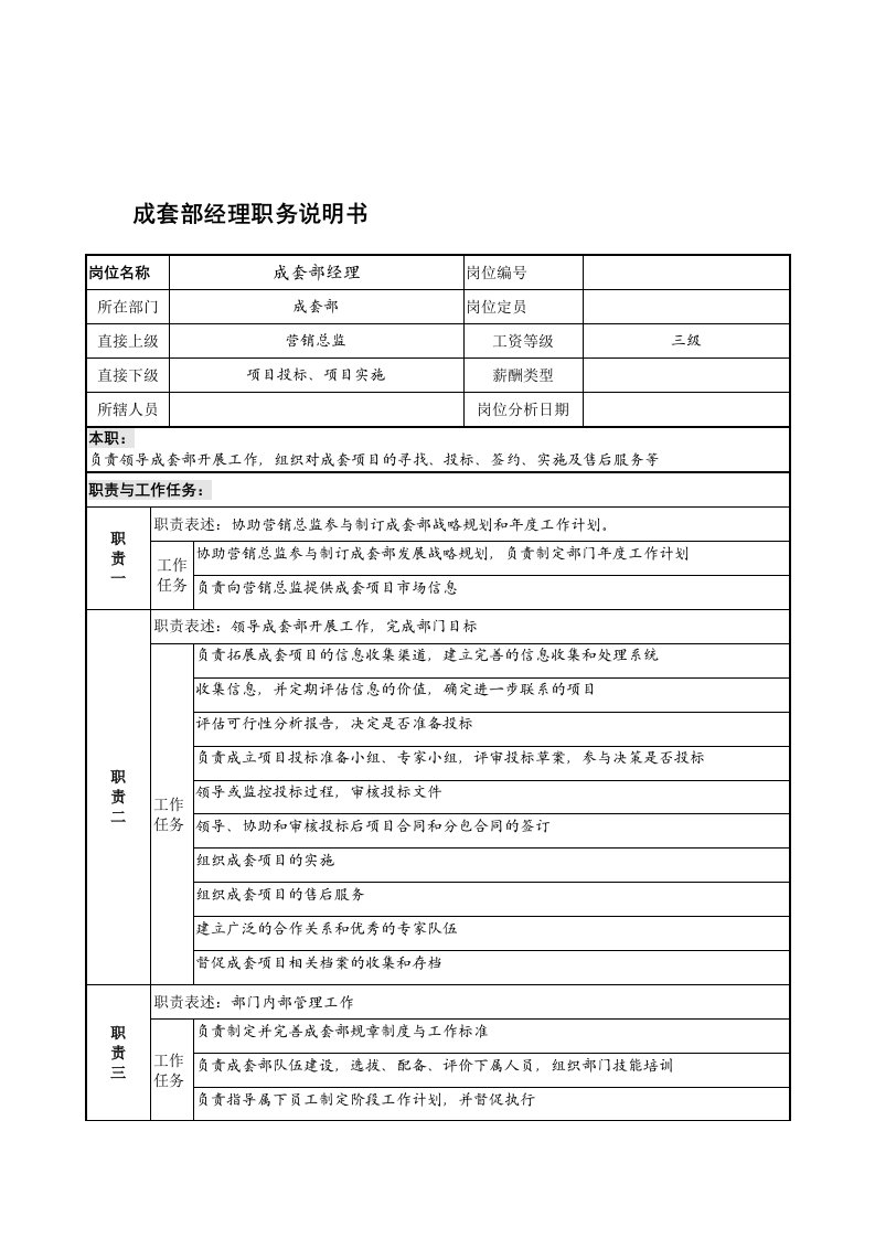 岗位职责-宁波华能贸易公司成套部经理职务说明书