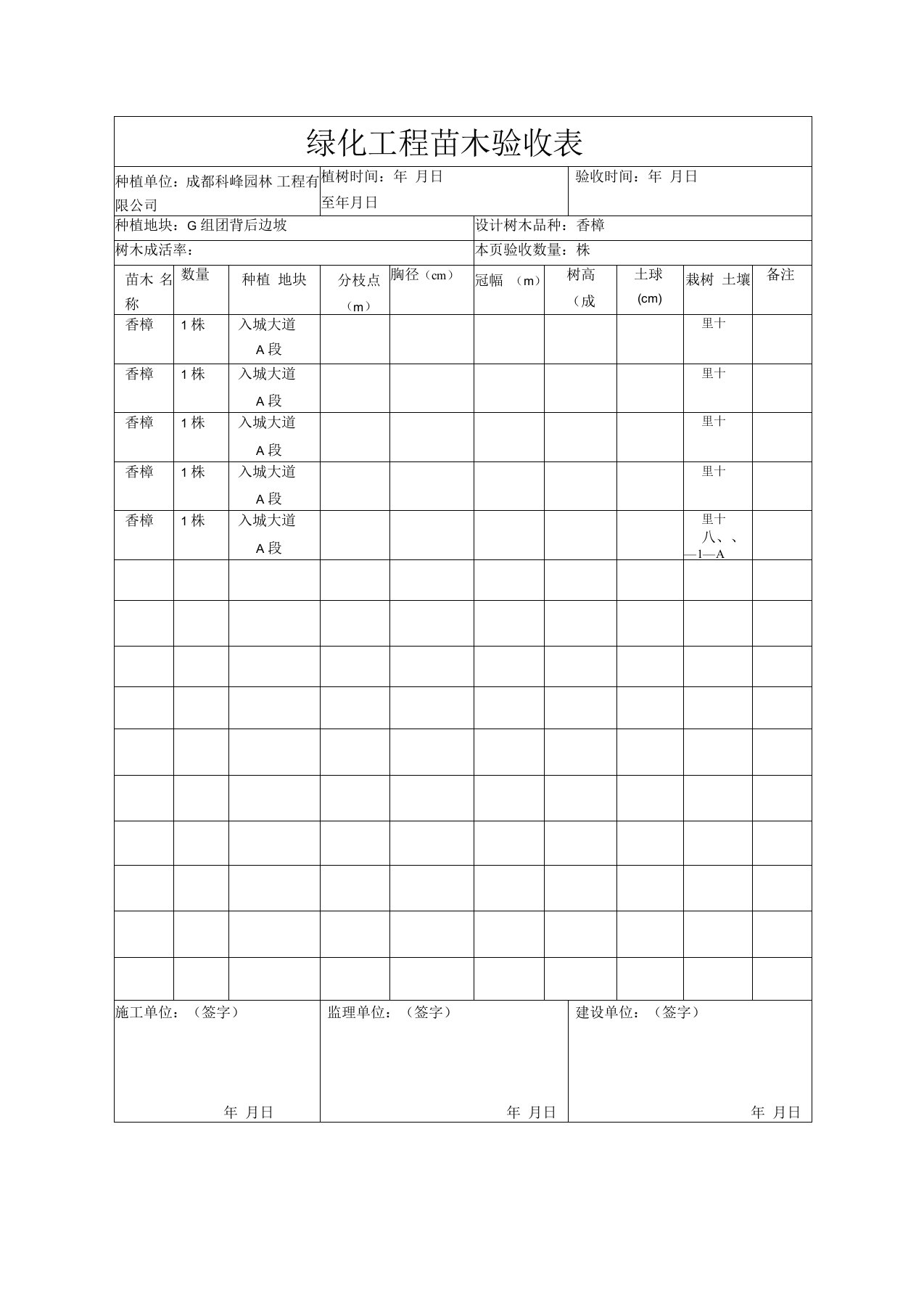 绿化工程苗木验收表(白)