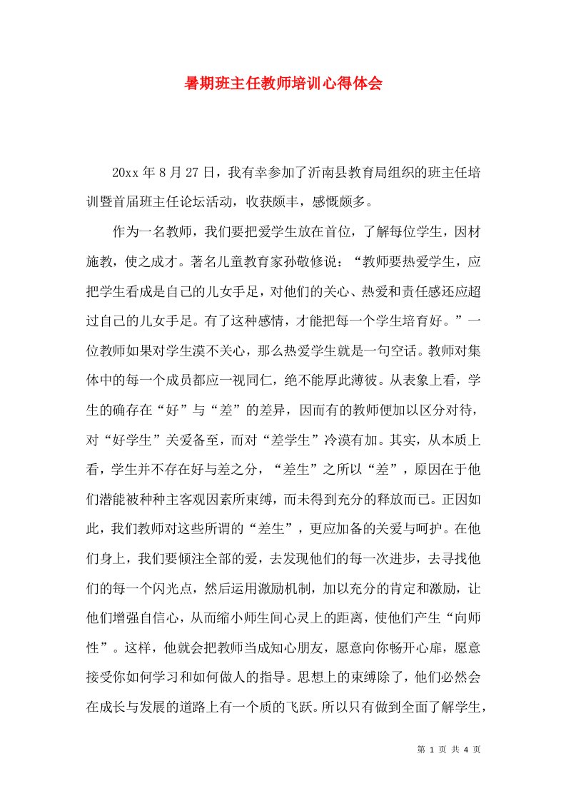 暑期班主任教师培训心得体会