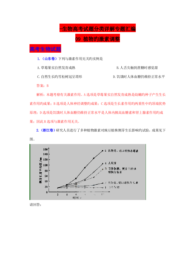 2023年题库大全生物高考试题分项详解专题汇编植物的激素调节