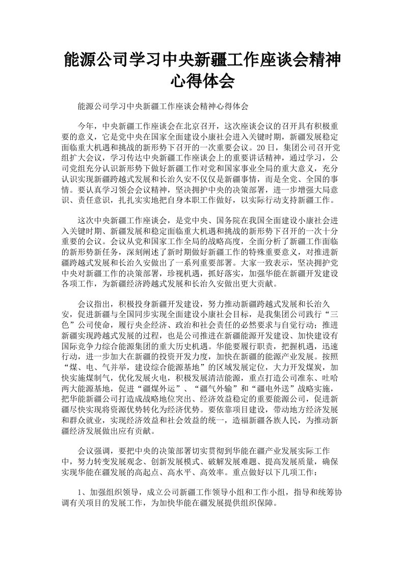 能源公司学习中央新疆工作座谈会精神心得体会