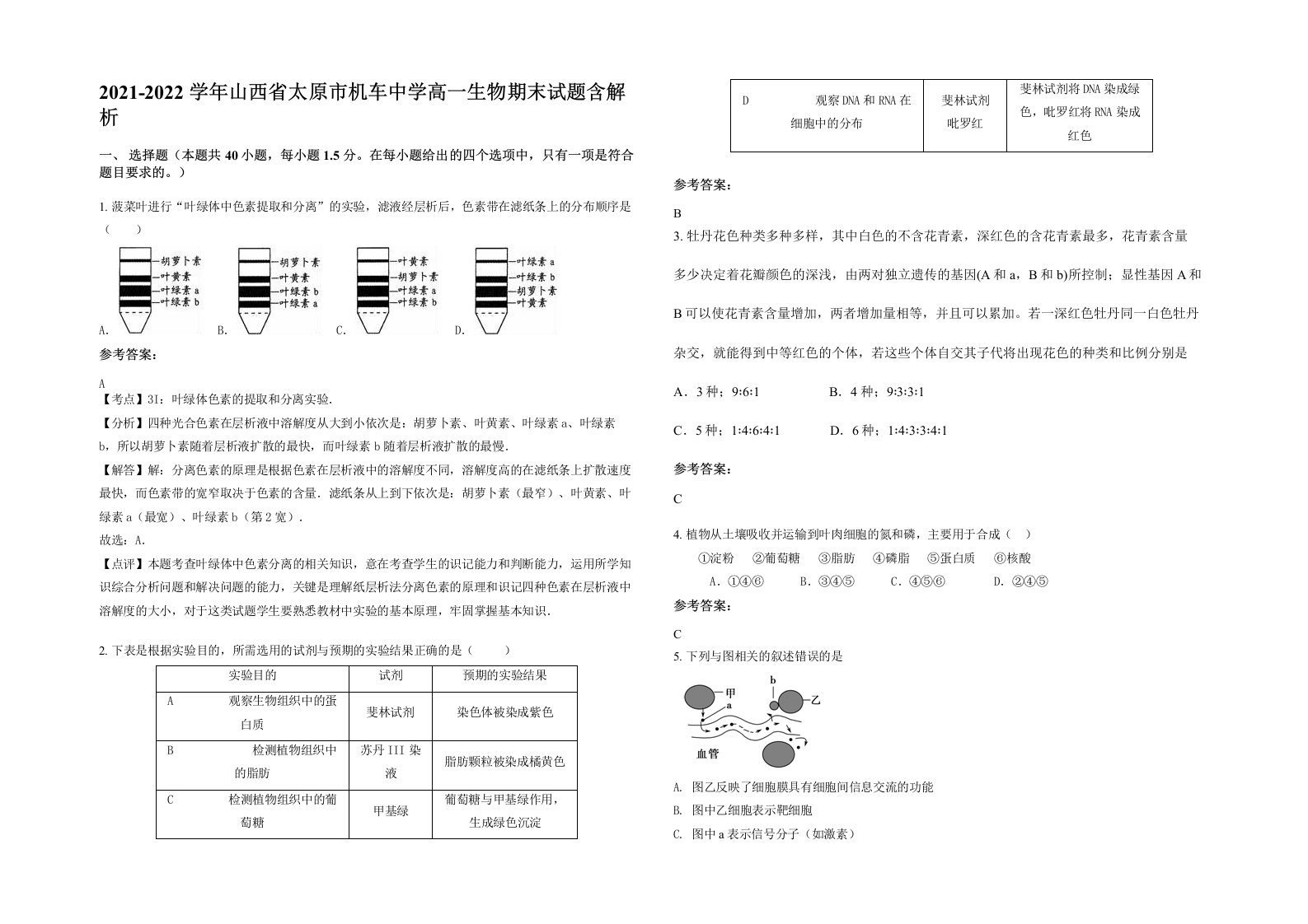 2021-2022学年山西省太原市机车中学高一生物期末试题含解析