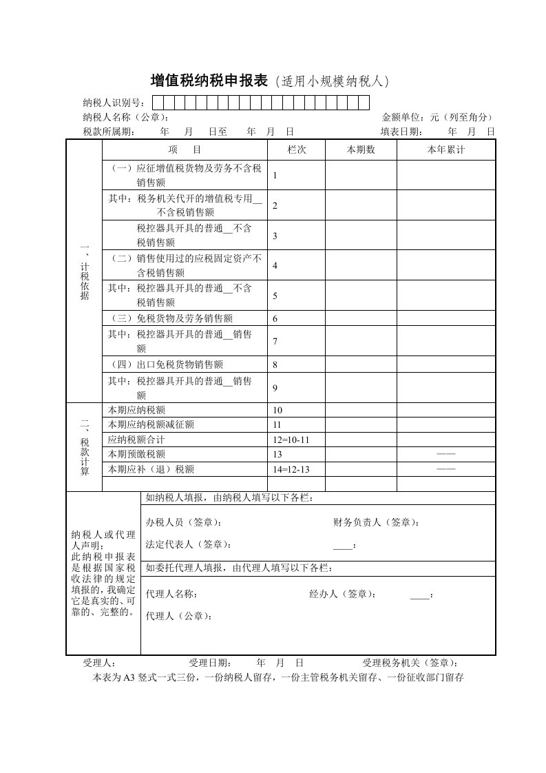 增值税纳税申报表适用小规模纳税人