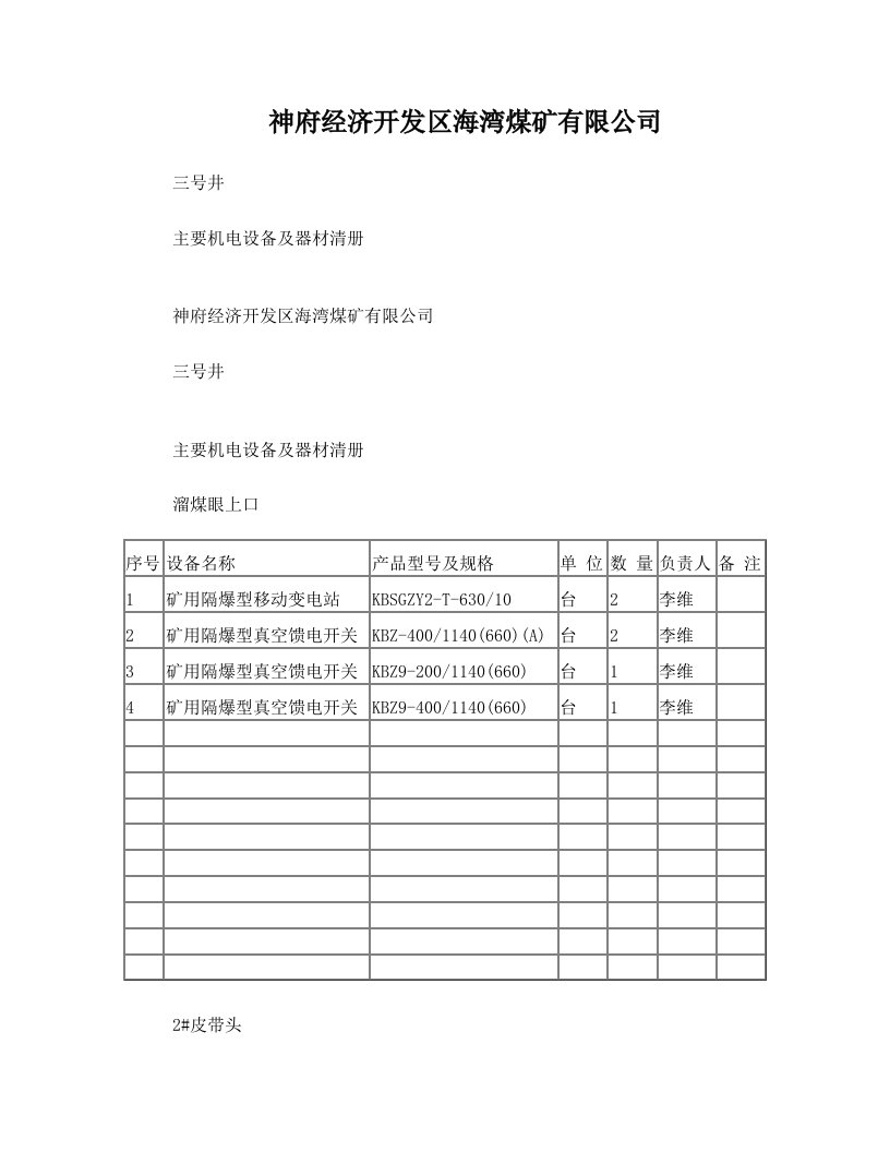 海湾煤矿三号井设备台账