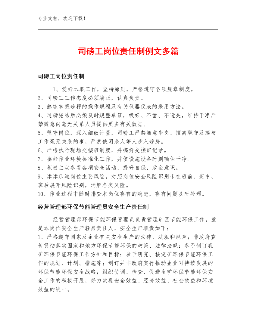 司磅工岗位责任制例文多篇