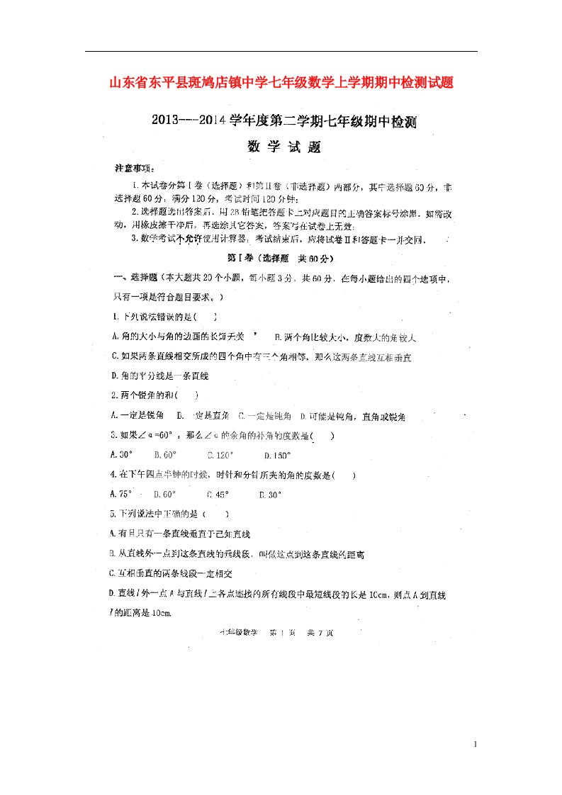 山东省东平县斑鸠店镇中学七级数学上学期期中检测试题（扫描版）