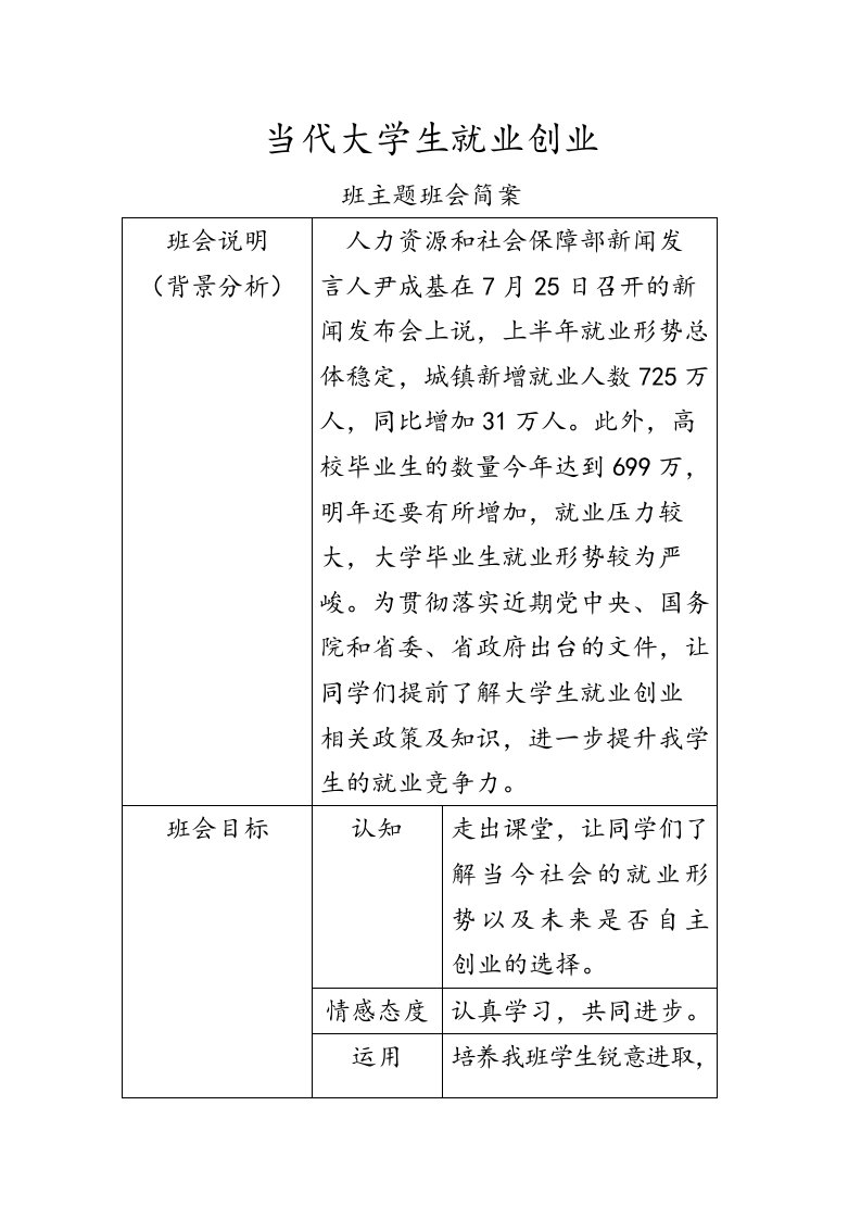 当代大学生就业创业主题班会简案