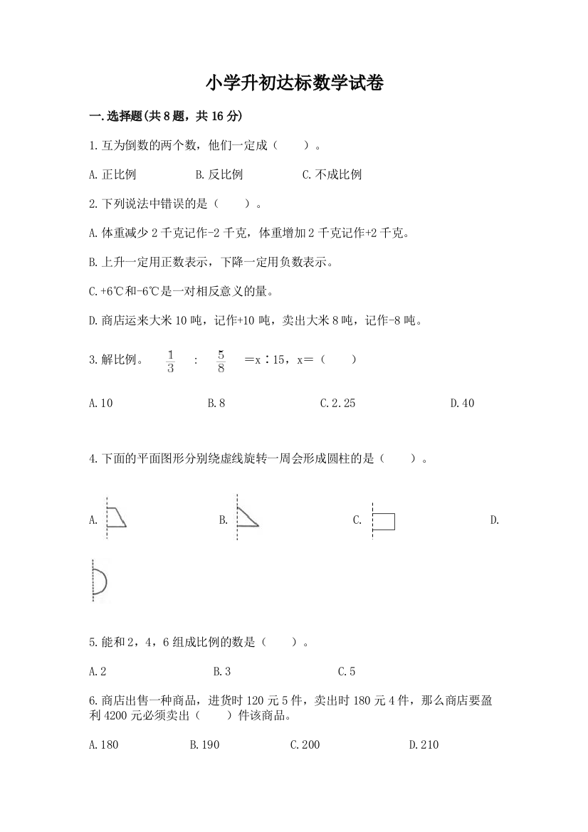 小学升初达标数学试卷精品（夺冠系列）