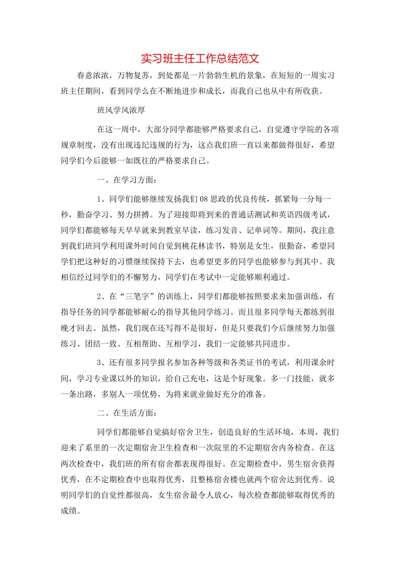 实习班主任工作总结范文