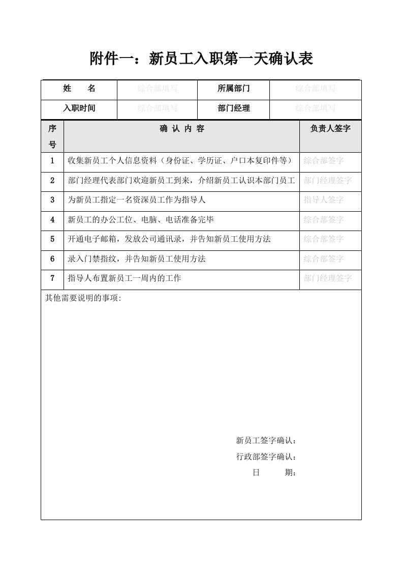 新员工入职与试用期各类表格