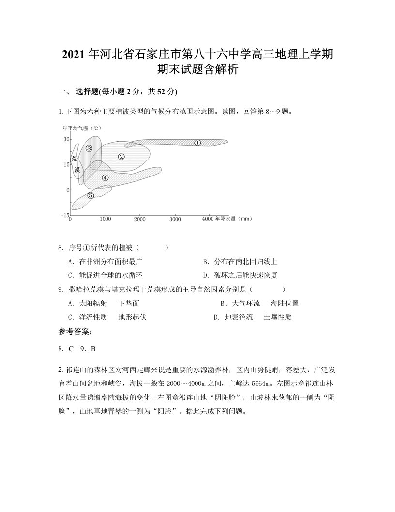 2021年河北省石家庄市第八十六中学高三地理上学期期末试题含解析