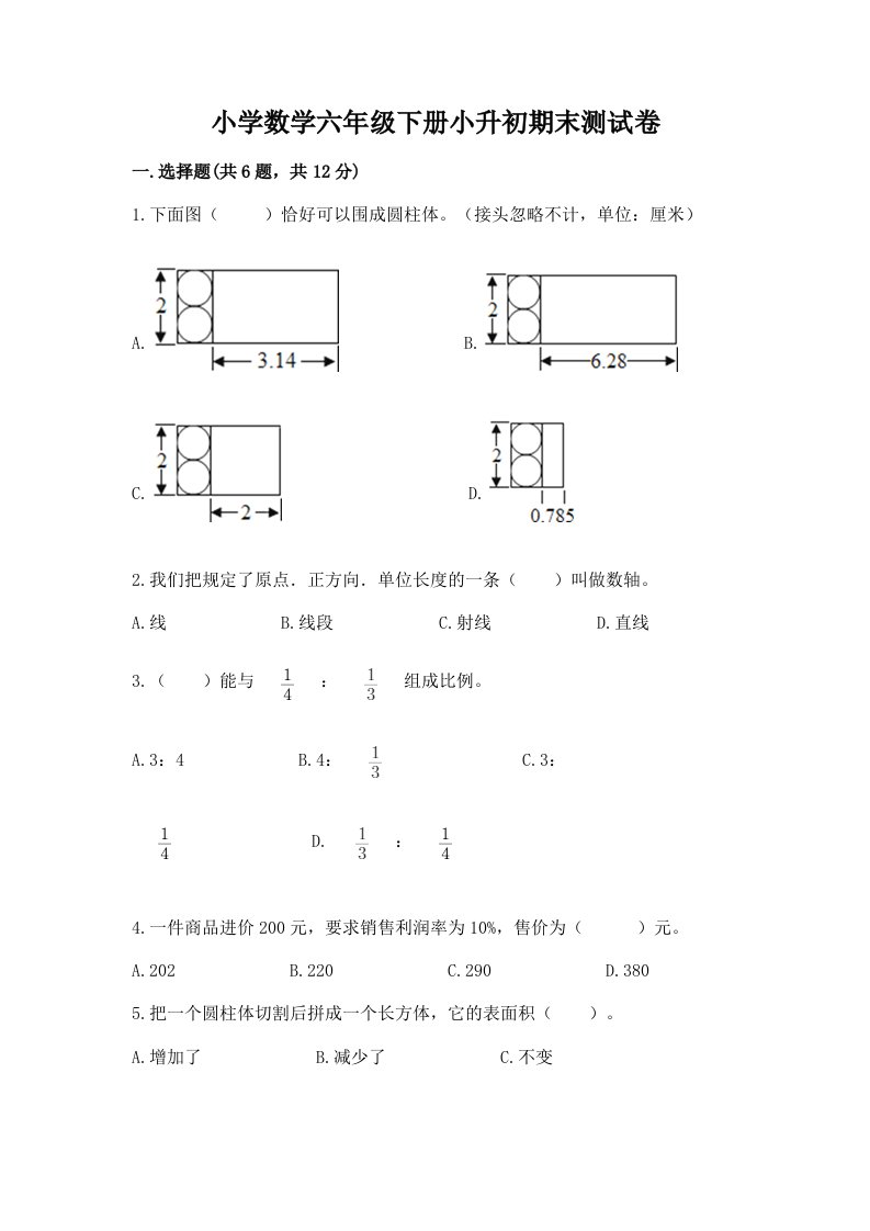 小学数学六年级下册小升初期末测试卷带答案ab卷