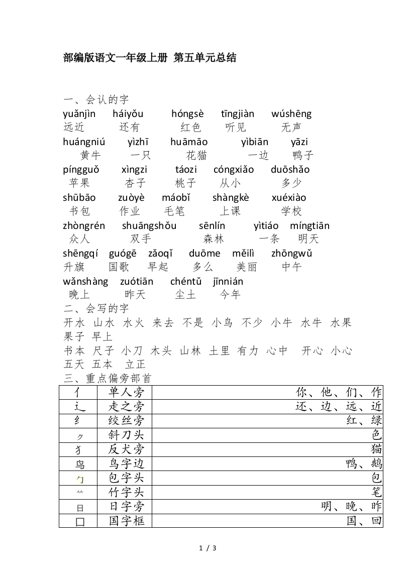 部编版语文一年级上册-第五单元总结