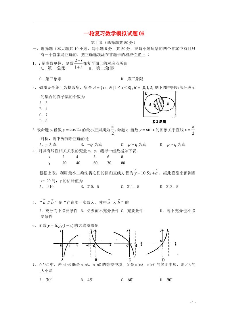 广东深圳市普通高中高考数学一轮复习模拟试题06(毕业班)