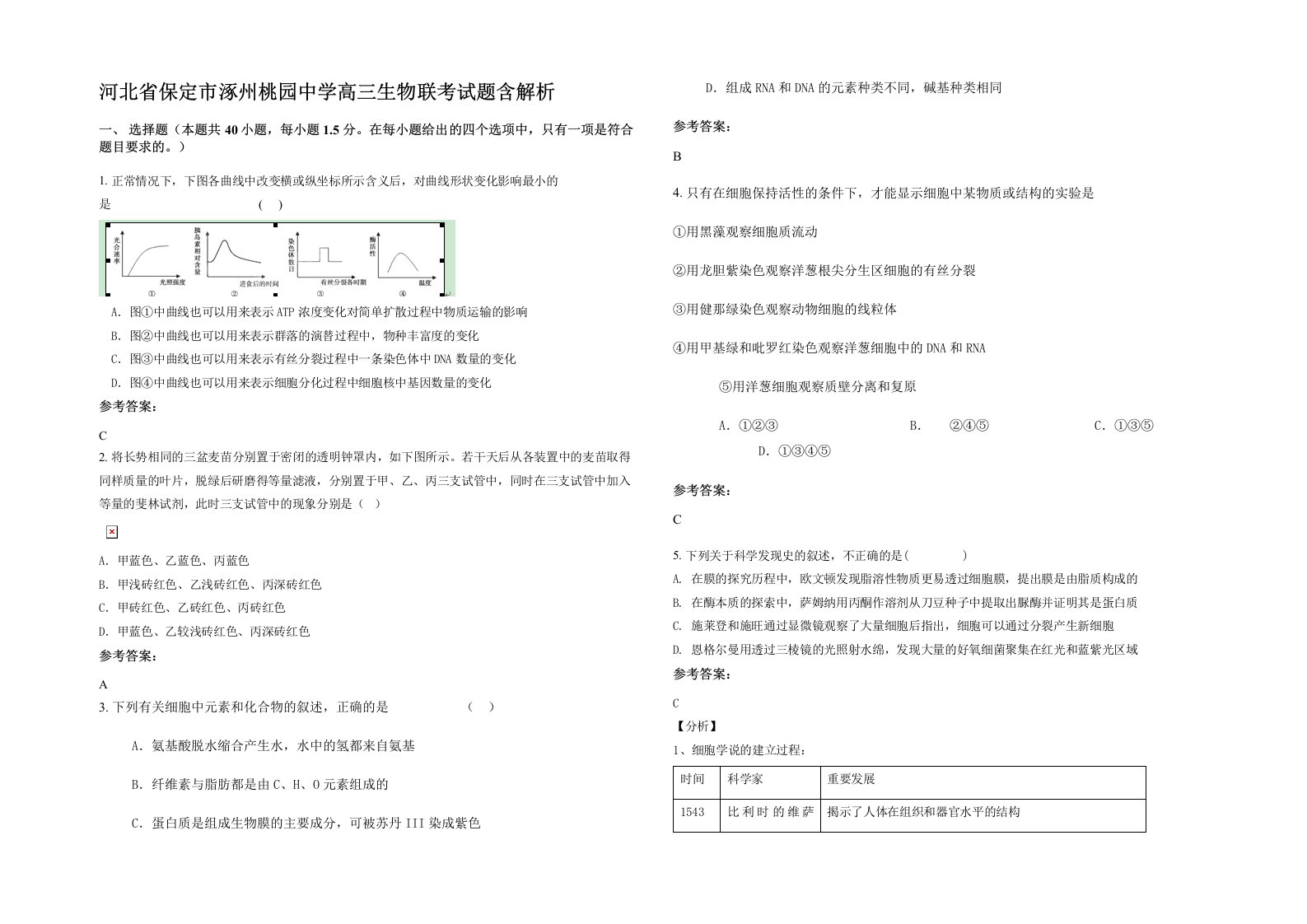 河北省保定市涿州桃园中学高三生物联考试题含解析