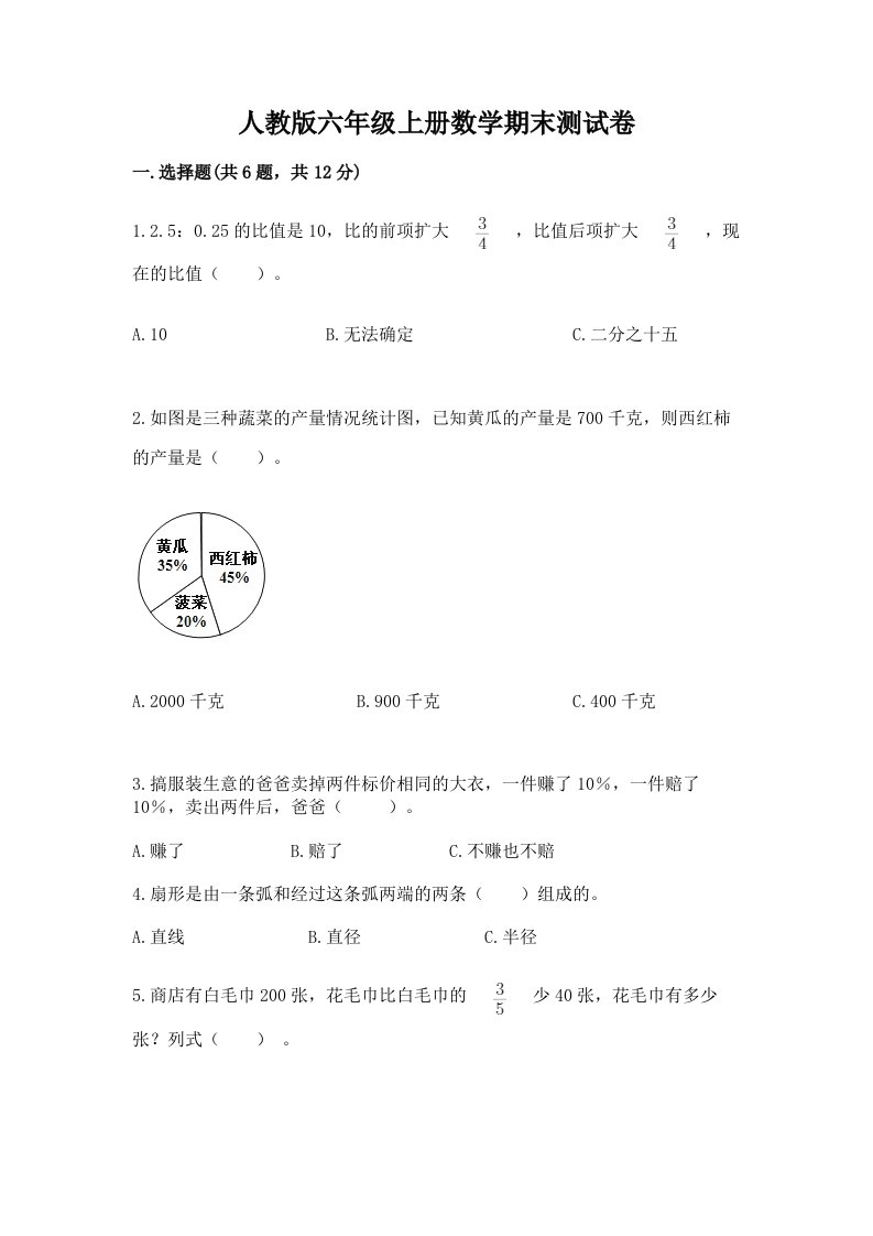 人教版六年级上册数学期末测试卷精品（历年真题）