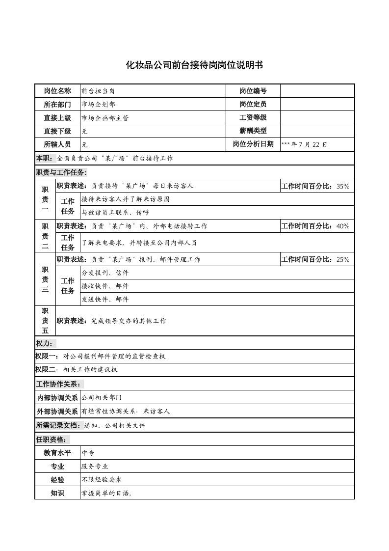 推荐-化妆品公司前台接待岗位职责说明书