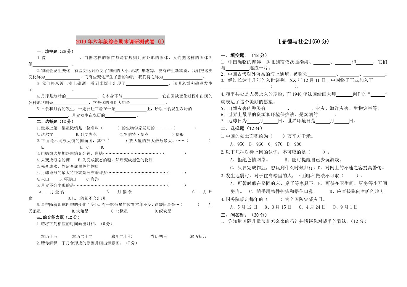 2019年六年级综合期末调研测试卷