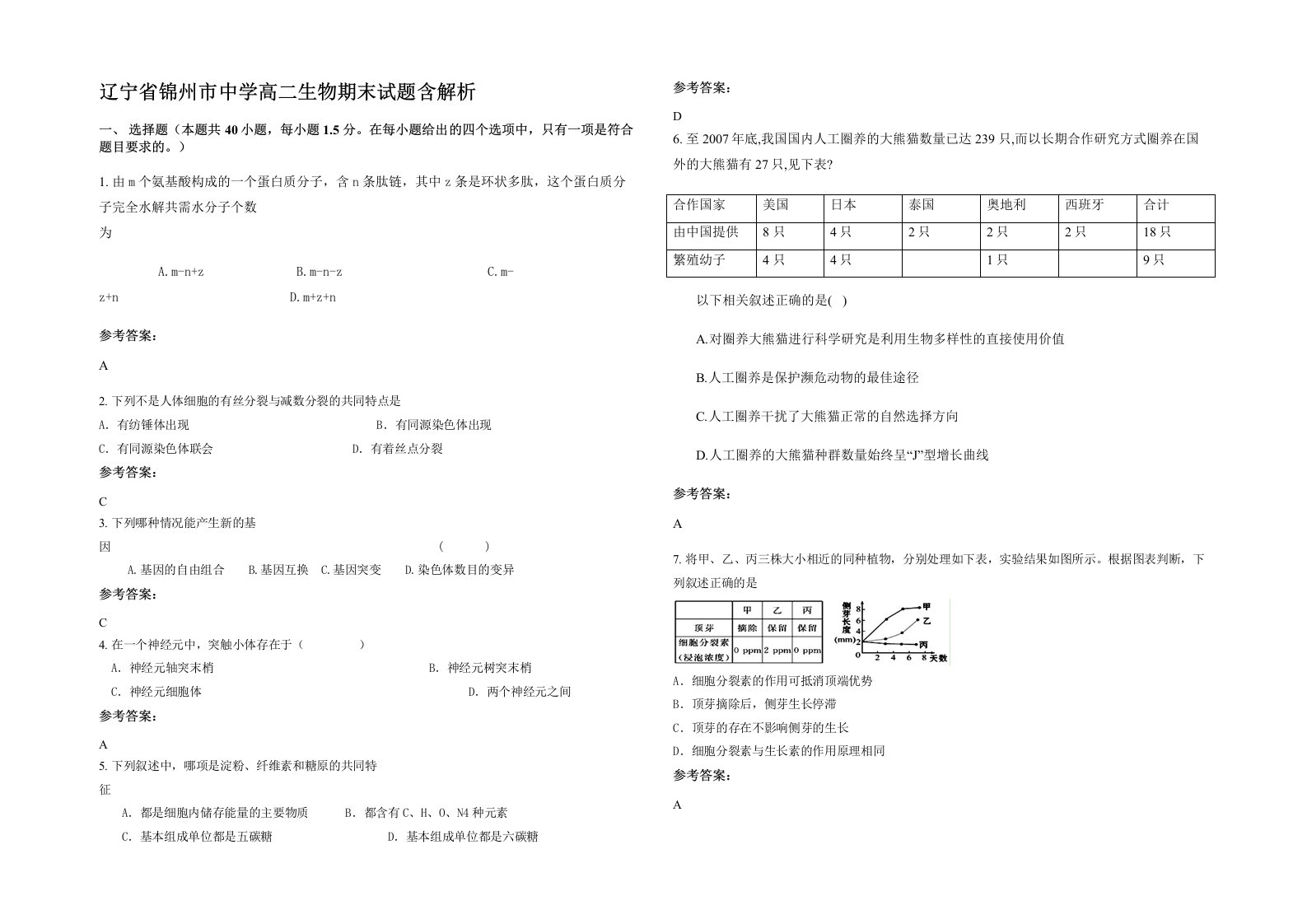 辽宁省锦州市中学高二生物期末试题含解析