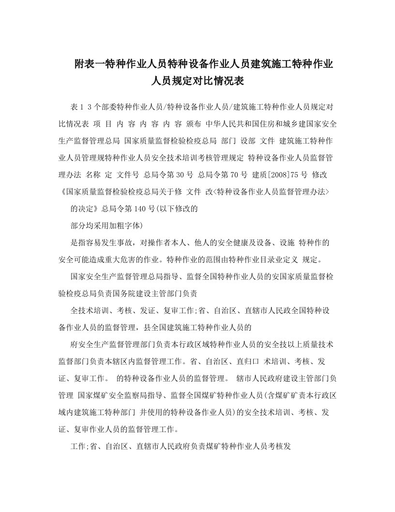 qlyAAA附表一特种作业人员特种设备作业人员建筑施工特种作业人员规定对比情况表