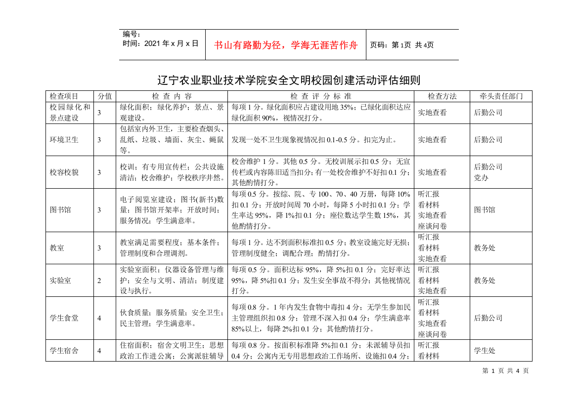 辽宁农业职业技术学院安全文明校园创建活动评估细则