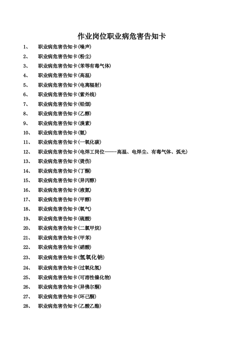 作业岗位职业病危害告知卡(噪声、粉尘、有毒有害物品等)