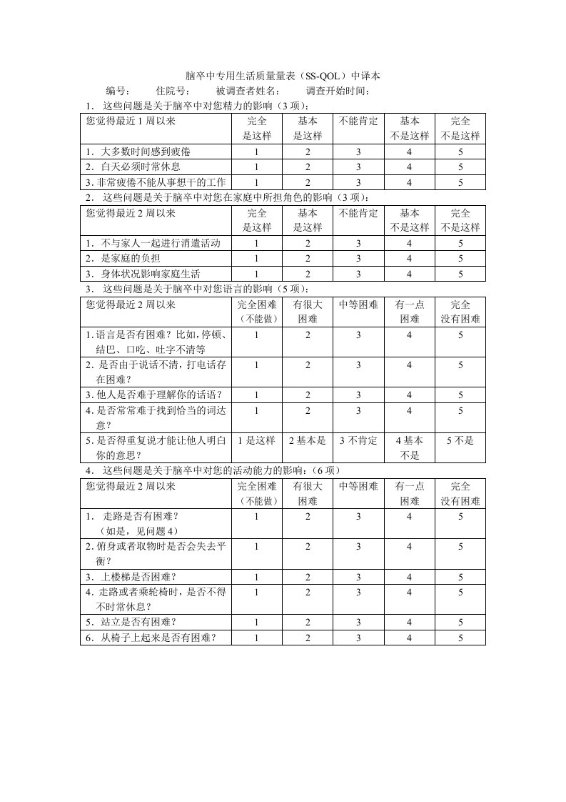 脑卒中专用生活质量量表