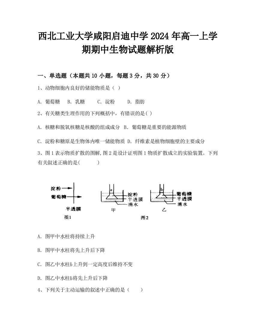 西北工业大学咸阳启迪中学2024年高一上学期期中生物试题解析版