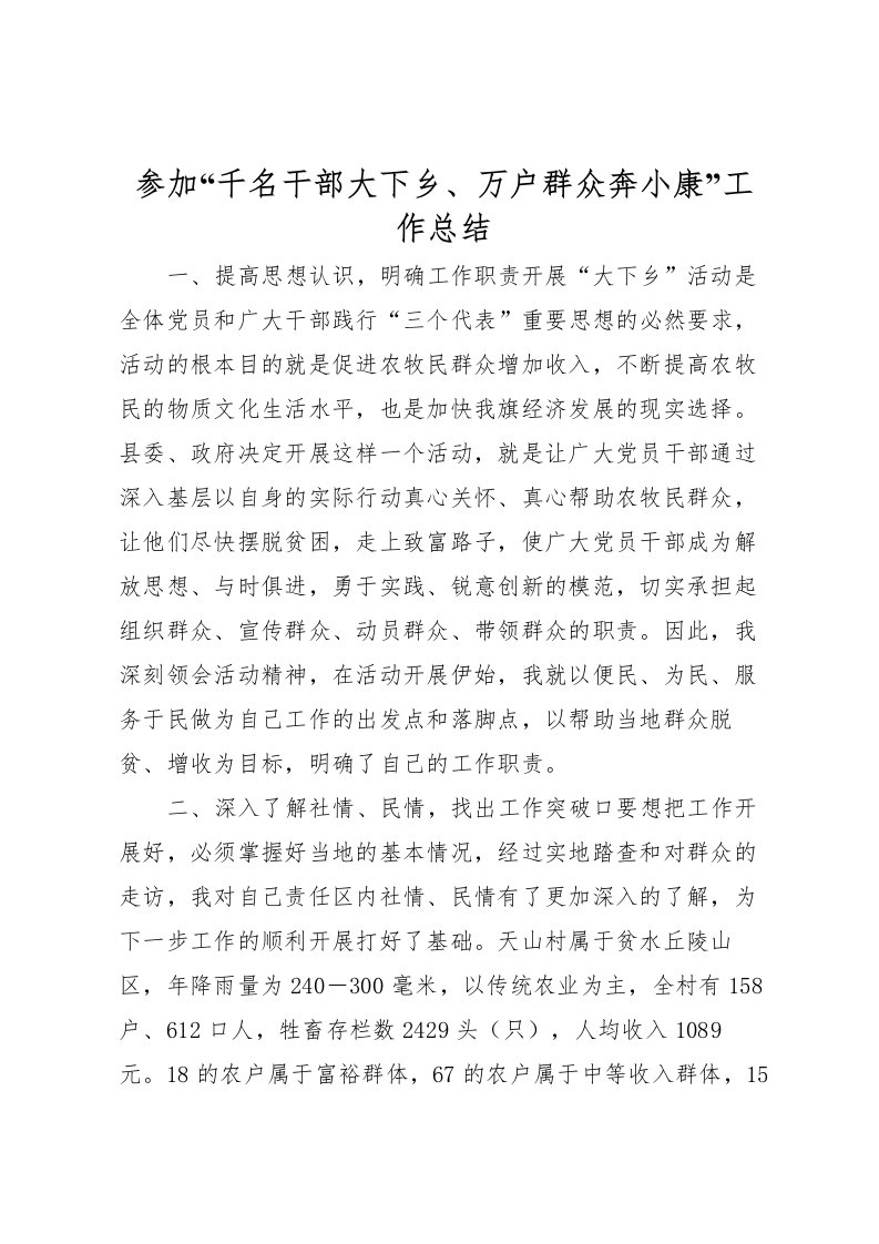 2022参加千名干部大下乡万户群众奔小康工作总结