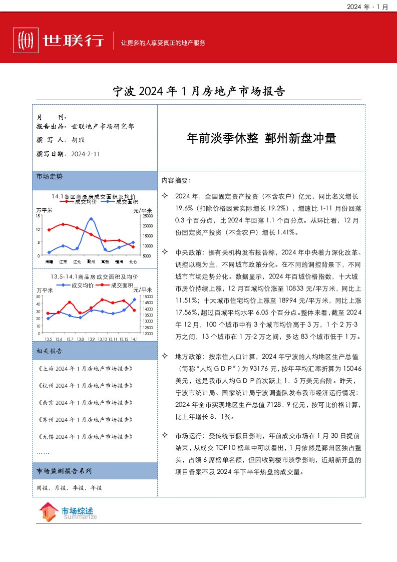 2024年1月浙江宁波房地产市场月度报告