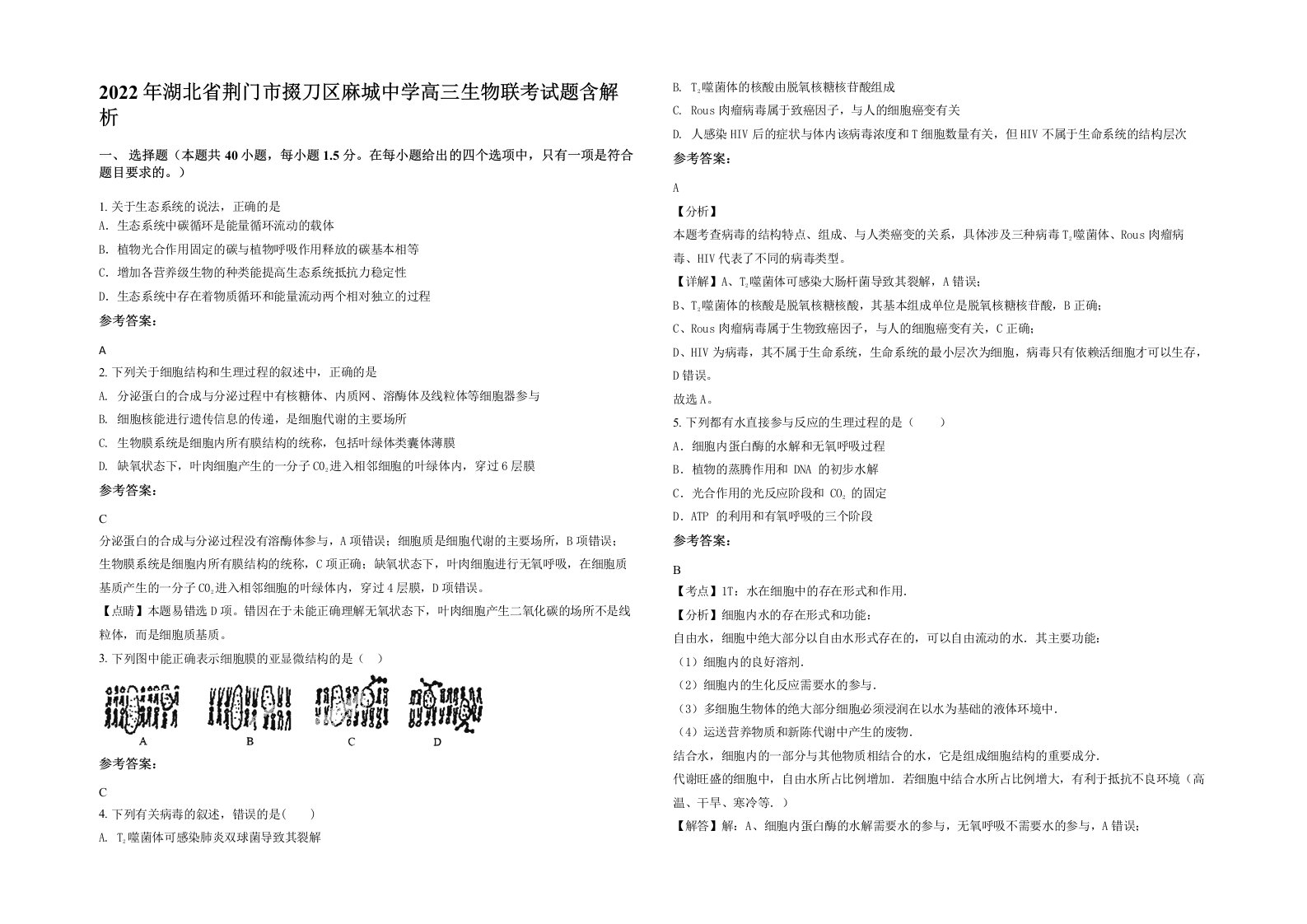 2022年湖北省荆门市掇刀区麻城中学高三生物联考试题含解析