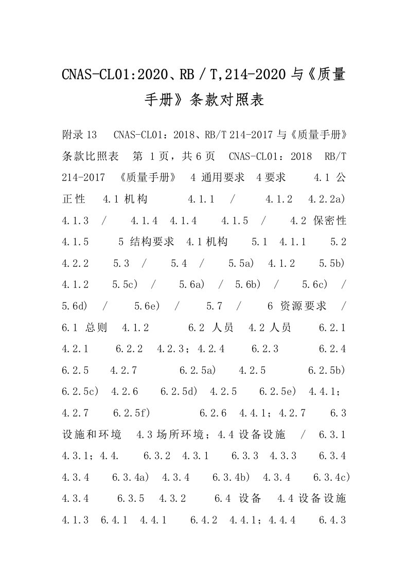 CNAS-CL01-2020、RB／T,214-2020与《质量手册》条款对照表