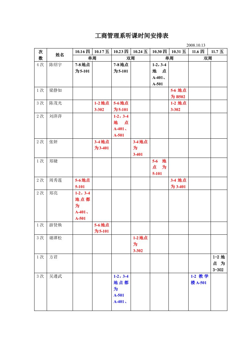 工商管理系听课时间安排表