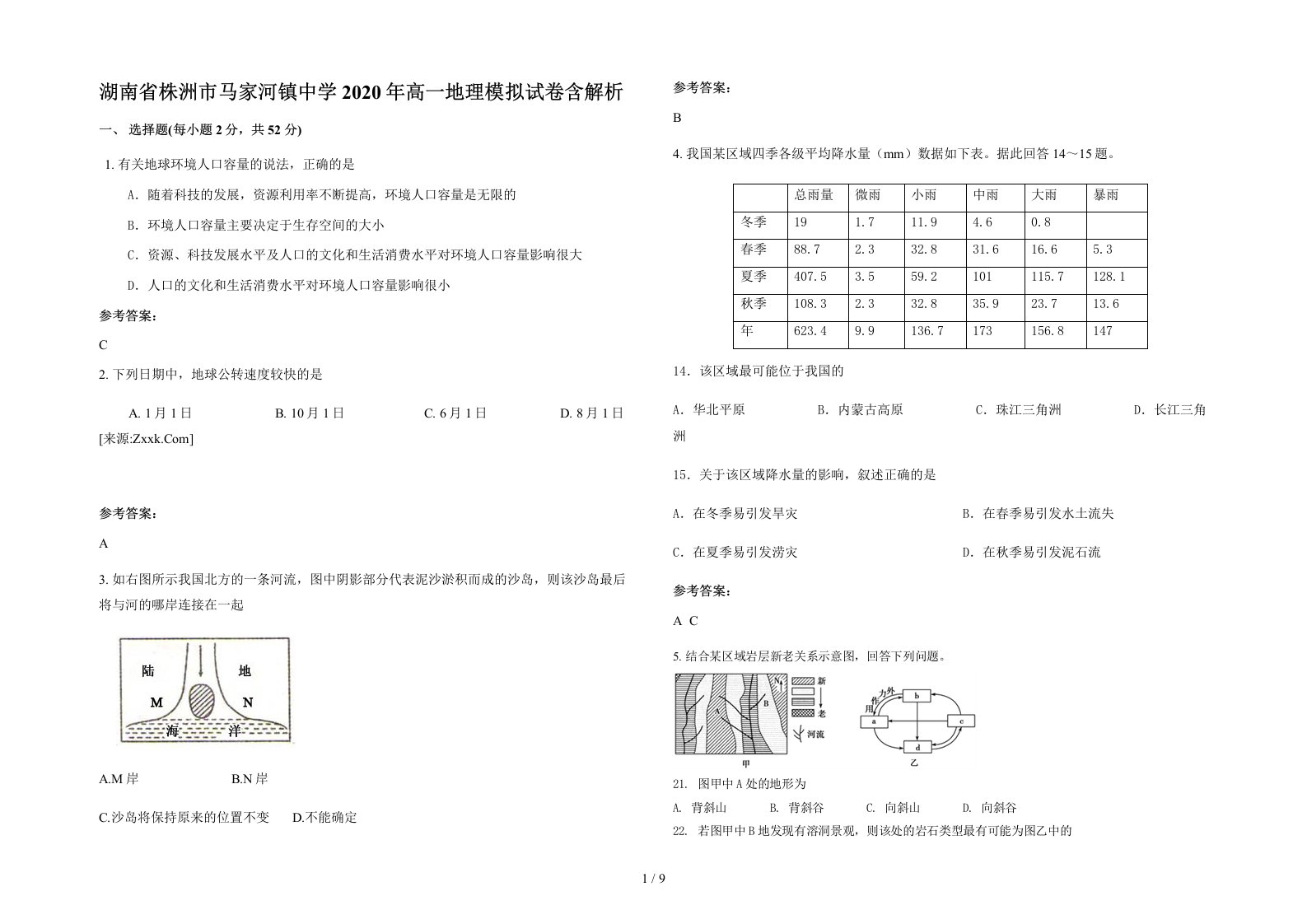 湖南省株洲市马家河镇中学2020年高一地理模拟试卷含解析