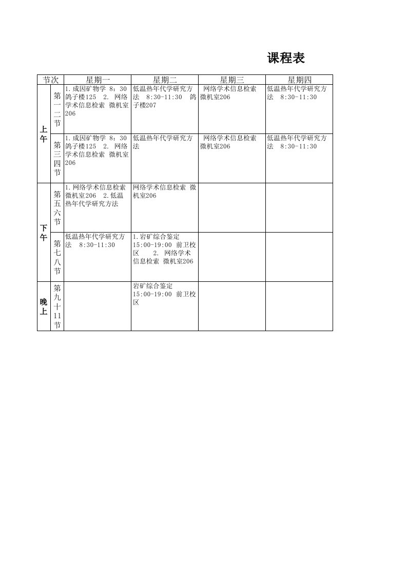 地质硕士课程表