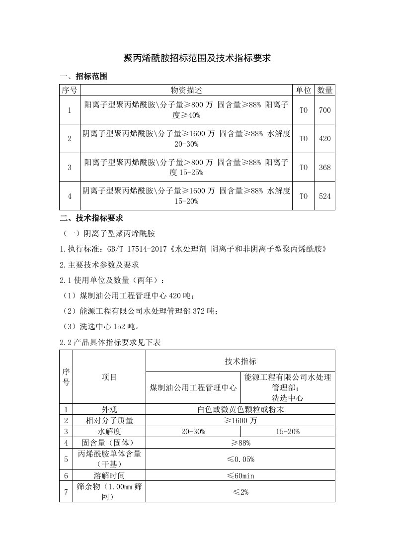 聚丙烯酰胺招标范围和技术指标要求