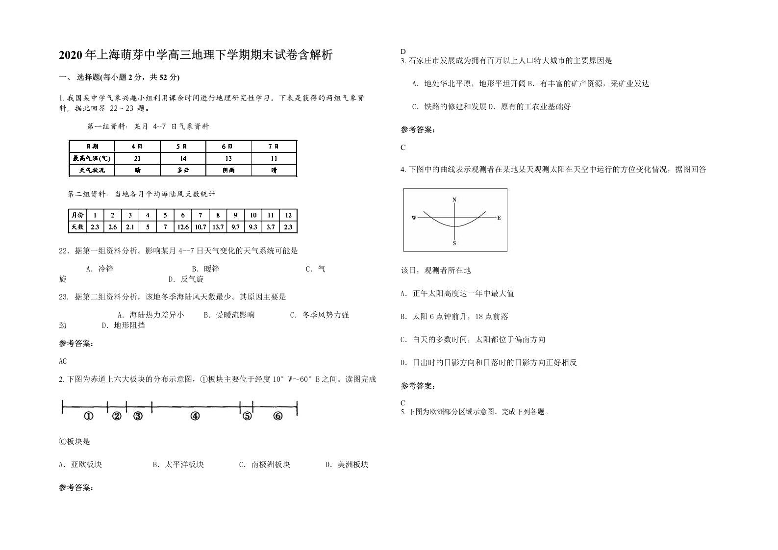 2020年上海萌芽中学高三地理下学期期末试卷含解析