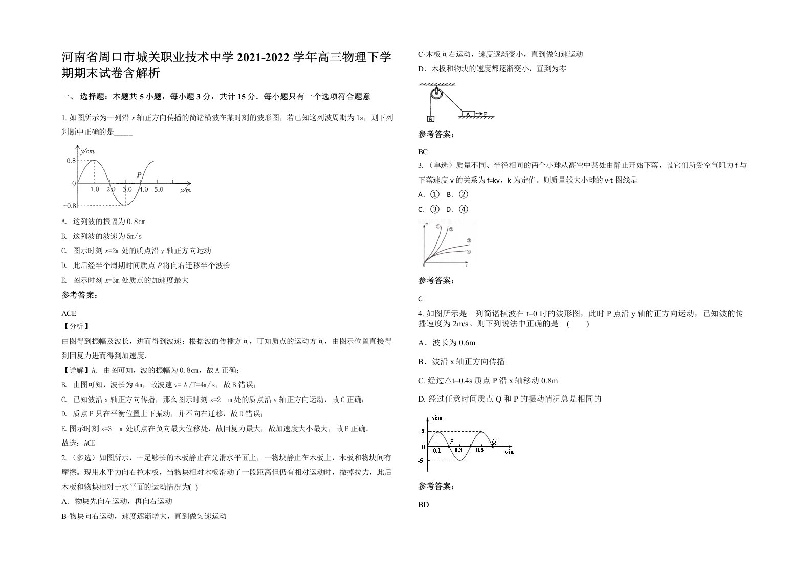 河南省周口市城关职业技术中学2021-2022学年高三物理下学期期末试卷含解析