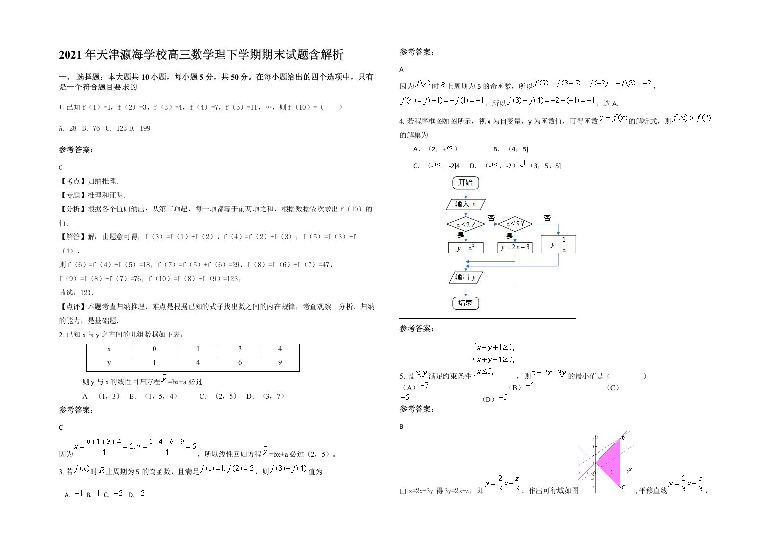 2021年天津瀛海学校高三数学理下学期期末试题含解析