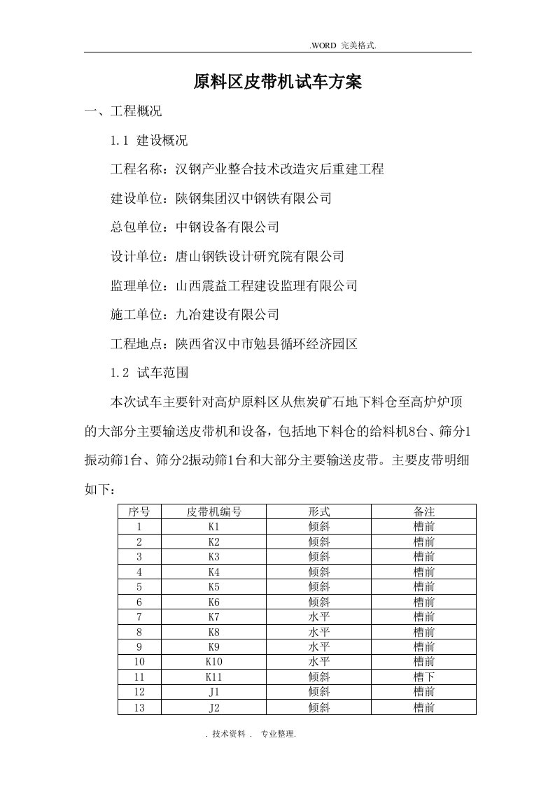 皮带机试车方案说明