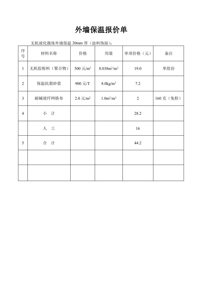 外墙保温报价单