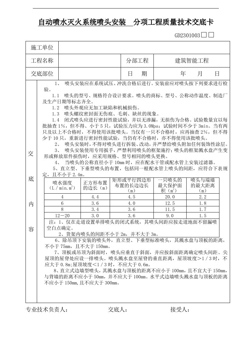 自动喷水灭火系统喷头安装分项工程质量技术交底