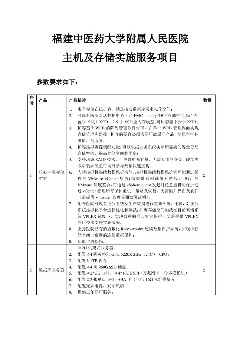 福建中医药大学附属人民医院主机及存储实施服务项目