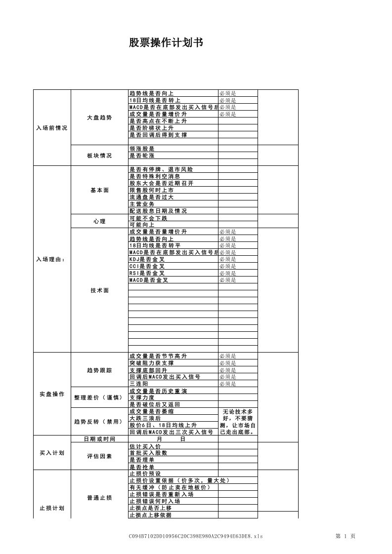 股票操盘计划书