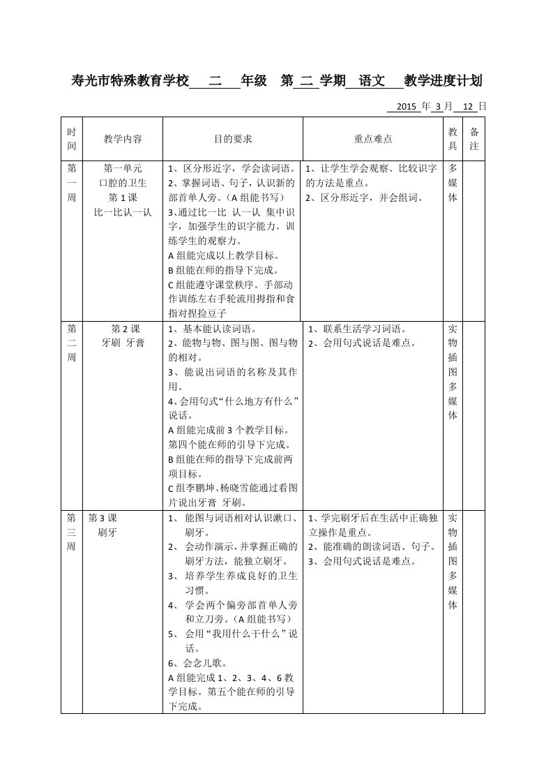 培智二年级二班生活语文进度计划