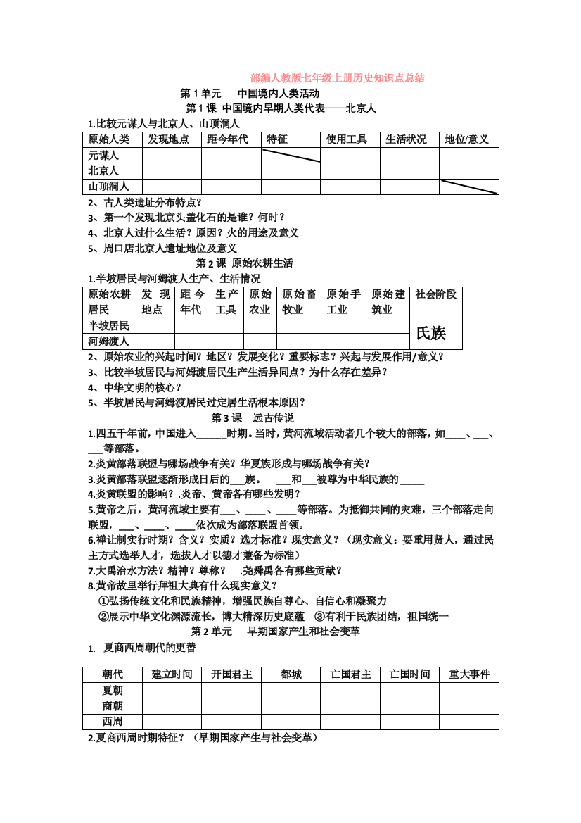 部编人教版七年级上册历史知识点总结