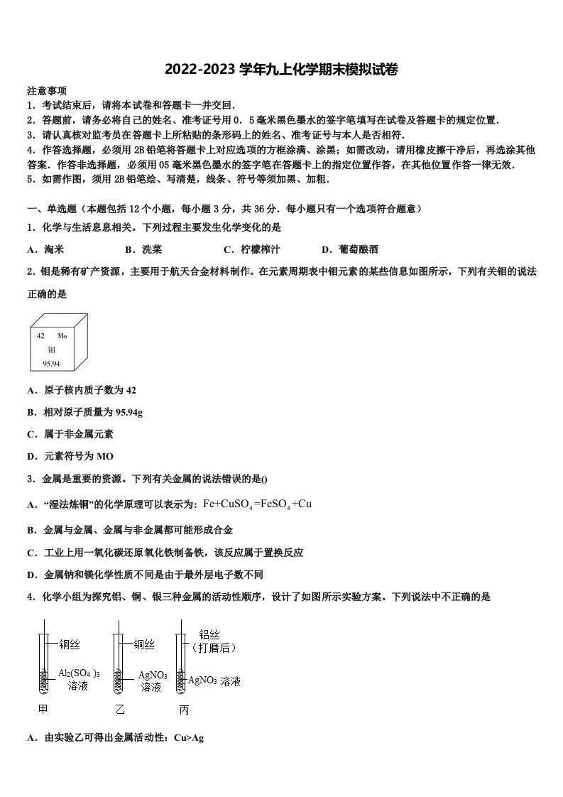 湖南师大附中博才实验中学2022年化学九年级第一学期期末联考试题含解析