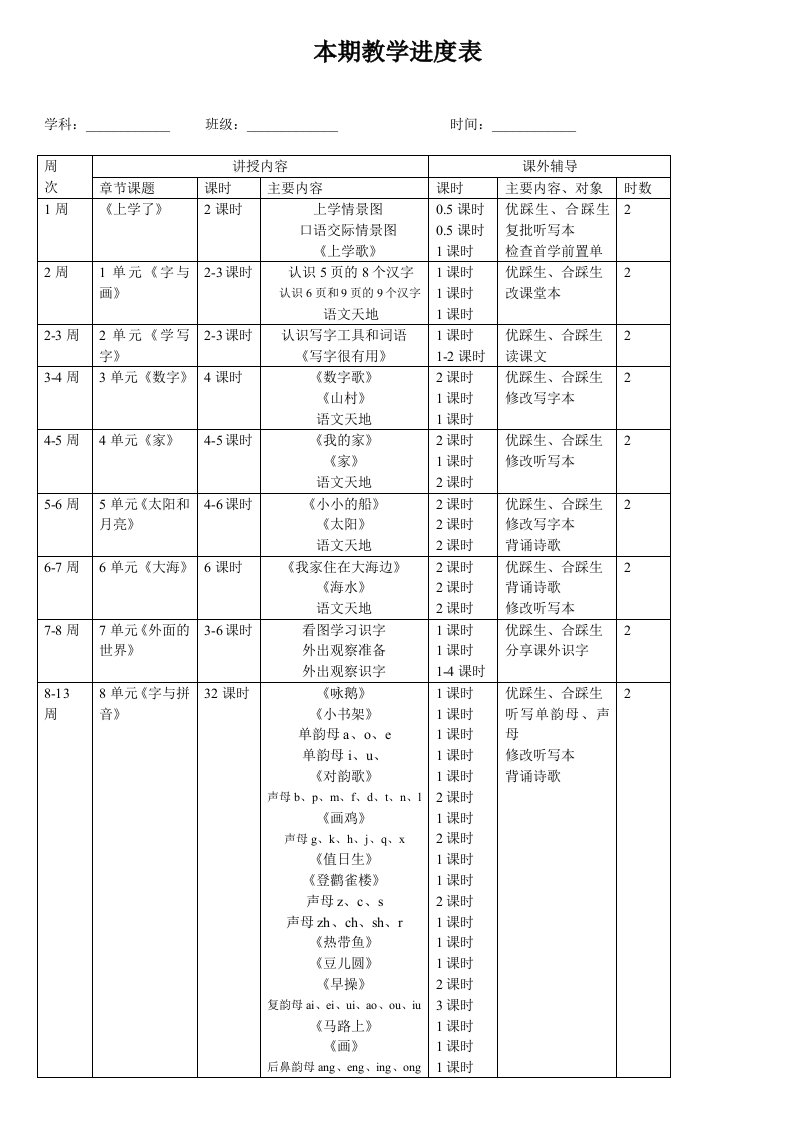 一年级上期教学进度表