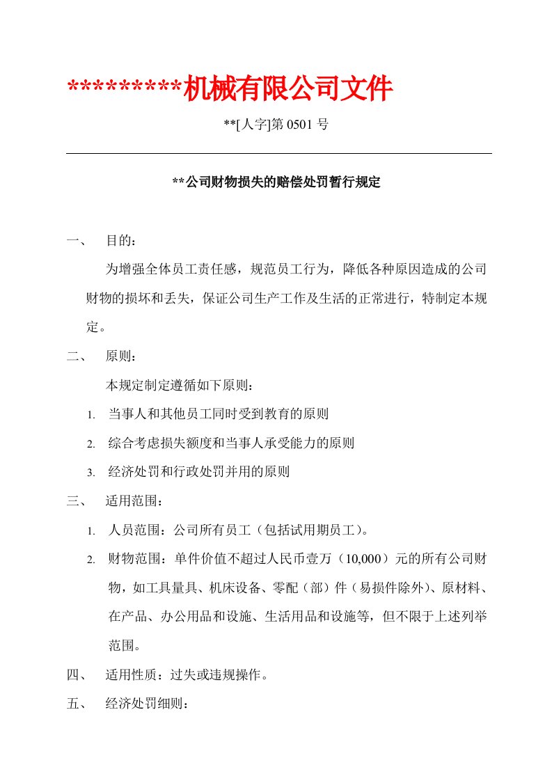 关于造成公司财物损失的处罚规定的文件(1)